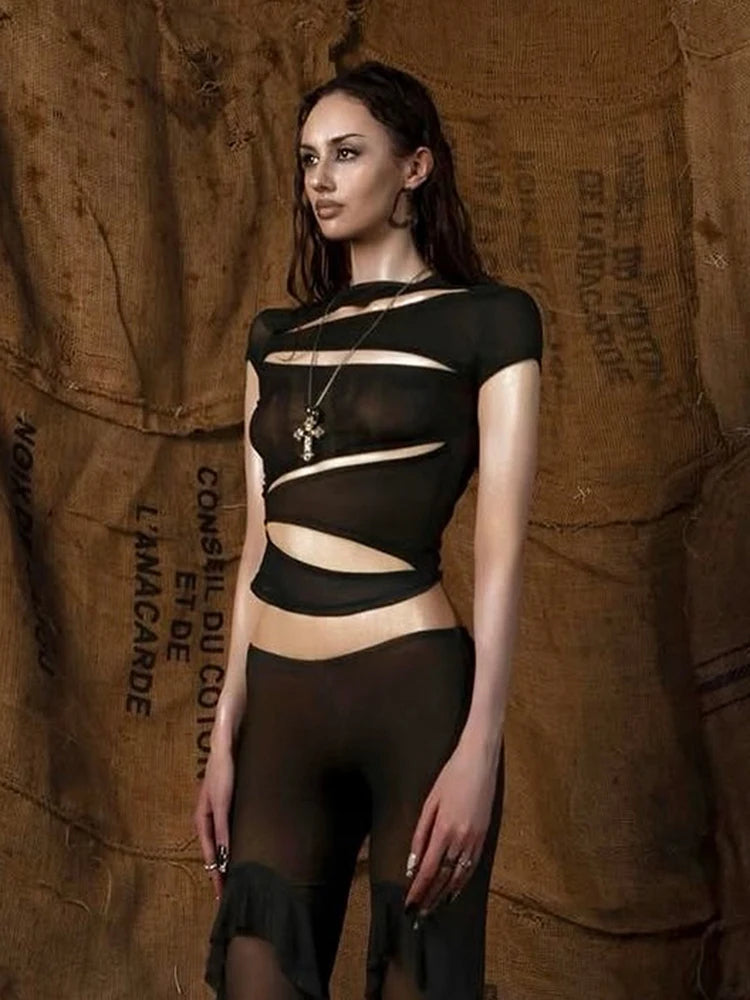 Hollow t-Shirts Women o-Neck Skinny Elasticity Sexy Summer New Trend Midnight Hip-Hop Style Versatile Classic Mini Tops