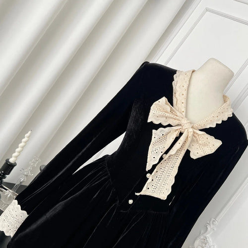 Load image into Gallery viewer, French Retro Women Beige Velvet Patchwork Lace Bow Button Mini Dress Autumn Winter Long Sleeved High Waist Pleated Short Dresses
