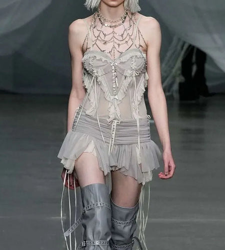 2000s Strap Vintage Aesthetic Frill Sexy Corset Top Camis Y2K Grunge Fairycore Ruffles Stitching Mesh Top Transparent