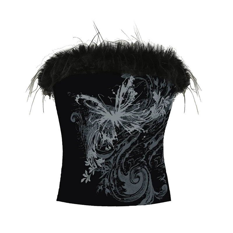 Vintage Butterfly Printed Faux Fur Trim Tube Tops Dark Gothic Off Shoulder Skinny Cropped Tank Top Y2K Hottie Clothes