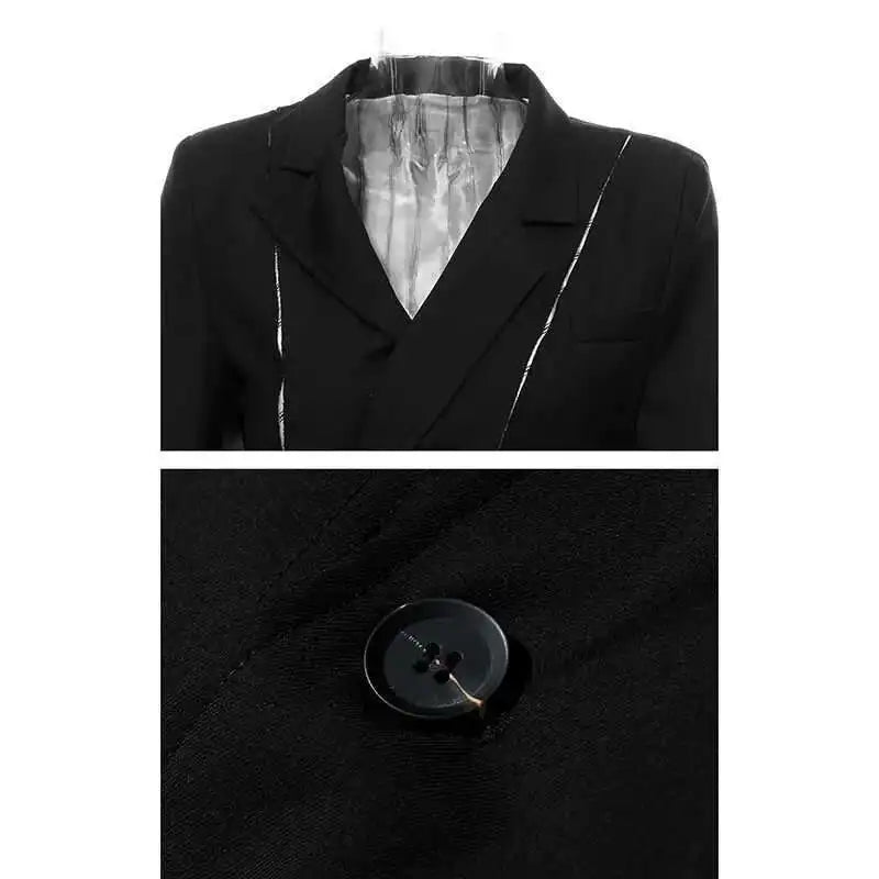 Women Black White Striped Spliced Irregular Dress New Round Neck Full Sleeve Loose Fit Fashion Spring Autumn 2025 1A320