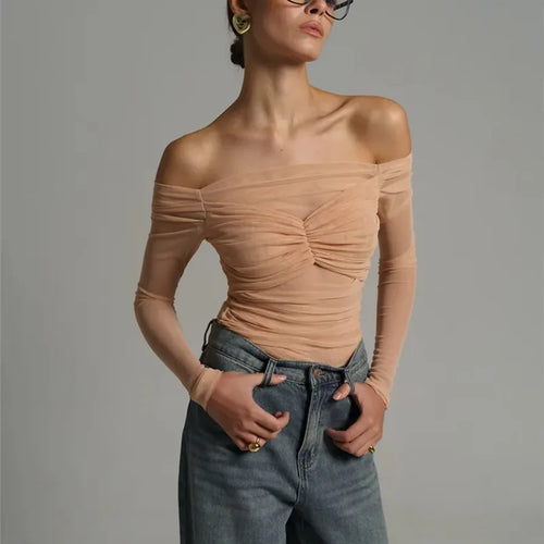 Load image into Gallery viewer, Summer Mesh Off-shoulder T-shirt Women Fashion Pleated Bust Backless Tees Tops Female Elegant Strapless See Through Top
