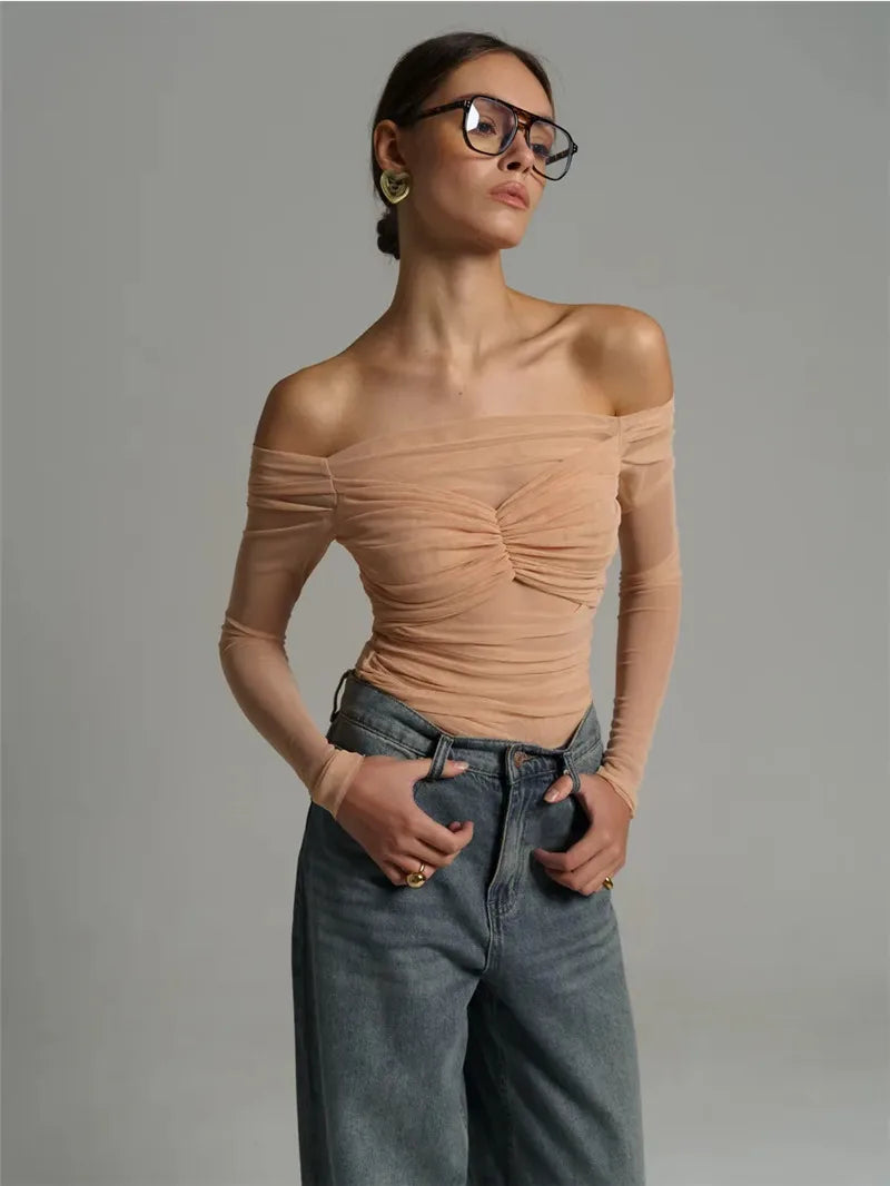 Summer Mesh Off-shoulder T-shirt Women Fashion Pleated Bust Backless Tees Tops Female Elegant Strapless See Through Top
