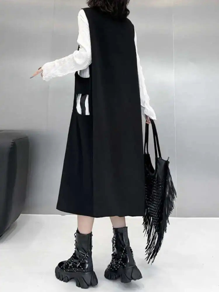 Women Black Hollow Out Zipper Big Size Midi Vest Dress New Lapel Sleeveless Fashion Tide Spring Autumn 2025 1DH6870