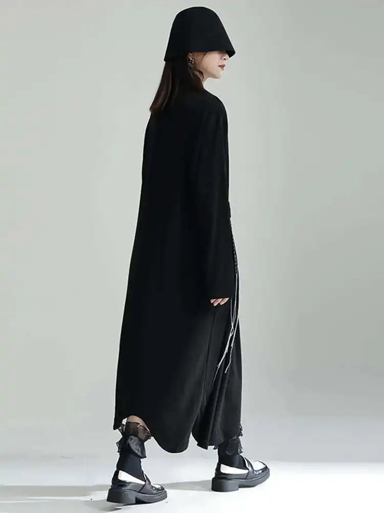 Women Black Topstitched Long Big Size Dress New Turtleneck Long Sleeve Loose Fit Fashion Tide Spring Autumn 2025 1DF3239