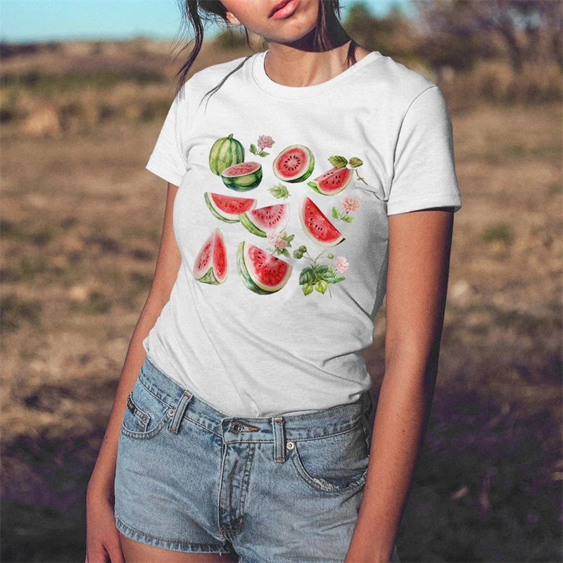 y2k Tees for Women Summer Clothes Casual Fruit Print Round Neck Short Sleeve T Shirts 2000s Tops Clothing Streetwear