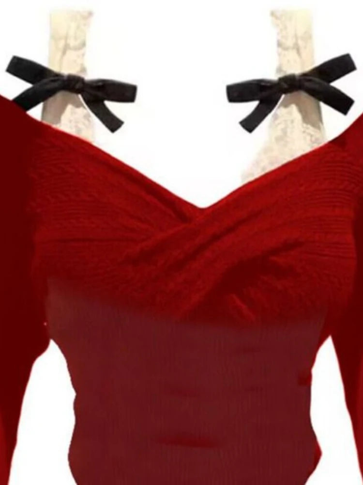 Korean Sexy Fairy Crop Top Sweater Women Japanese Sweet Y2k Aesthetic Bow Lace Patchwork Knitted Pullover Thin Kintwear Tops