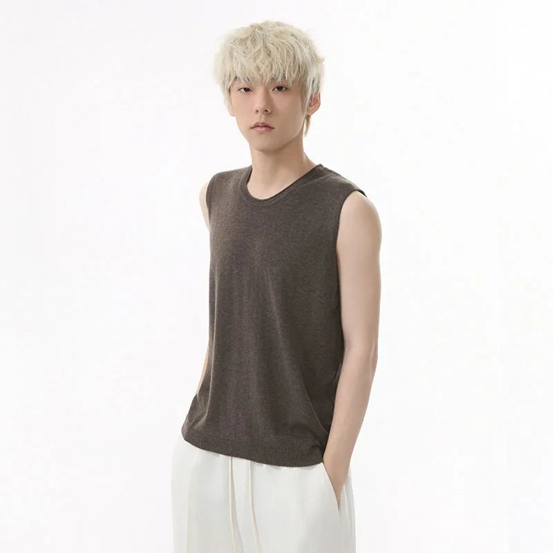 Men's Vest New Summer Korean Round Neck Design Solid Color Loose Sleeveless T-shirt Knitted Casual Male Top Trend 9W1592