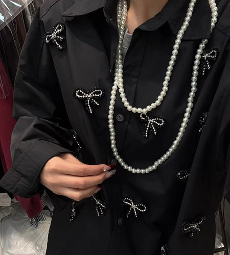 Solid Spliced Pearl Loose Blouses For Women Lapel Long Sleeve Loose Casual Shirts Female Fashion Style Clothes New