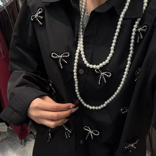 Load image into Gallery viewer, Solid Spliced Pearl Loose Blouses For Women Lapel Long Sleeve Loose Casual Shirts Female Fashion Style Clothes New
