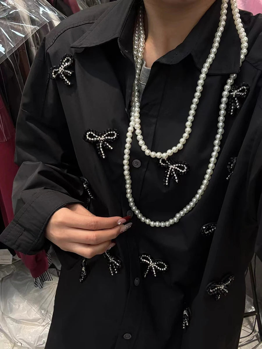 Solid Spliced Pearl Loose Blouses For Women Lapel Long Sleeve Loose Casual Shirts Female Fashion Style Clothes New