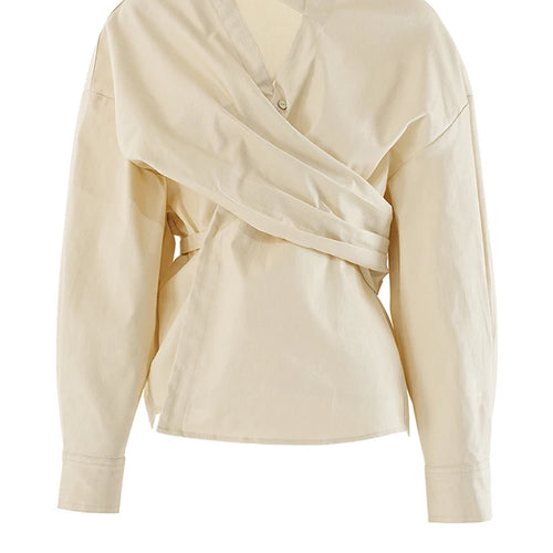 Load image into Gallery viewer, Women Light Yellow Irregular Corss Big Size Elegant Blouse New V-neck Long Sleeve Shirt Fashion Spring Autumn 2025 26D4283
