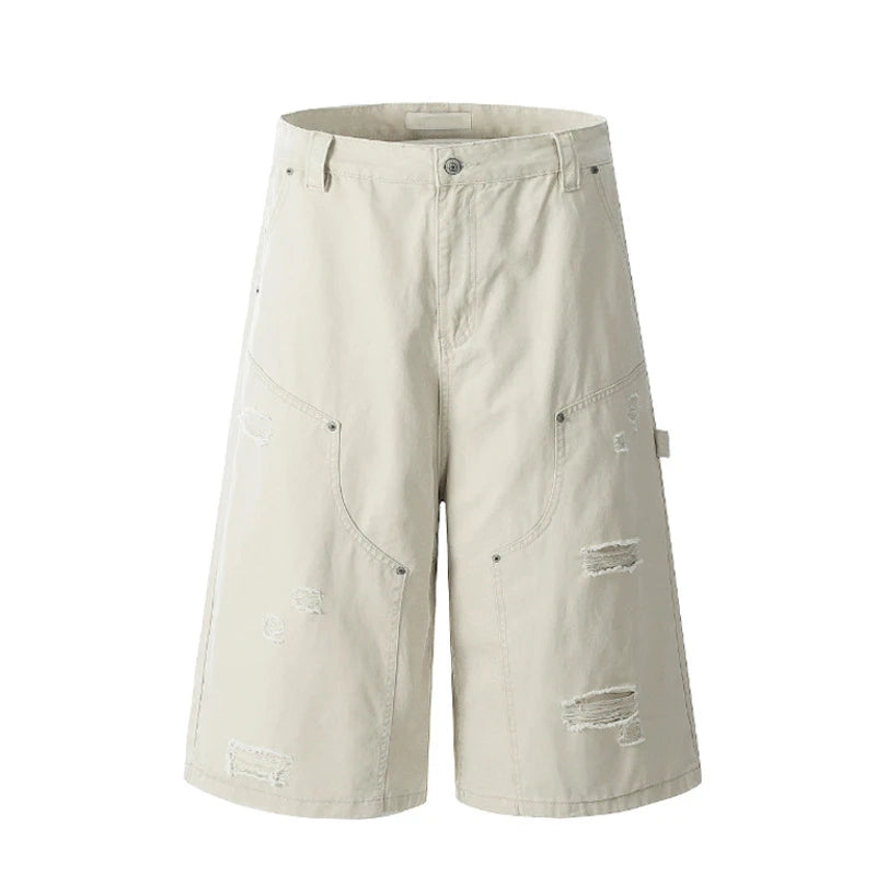 Men's Cargo Shorts New American Hip Hop Style Worn-out Hole Design Large Silhouette Multi Pockets Trendy Male Pants 9W1768