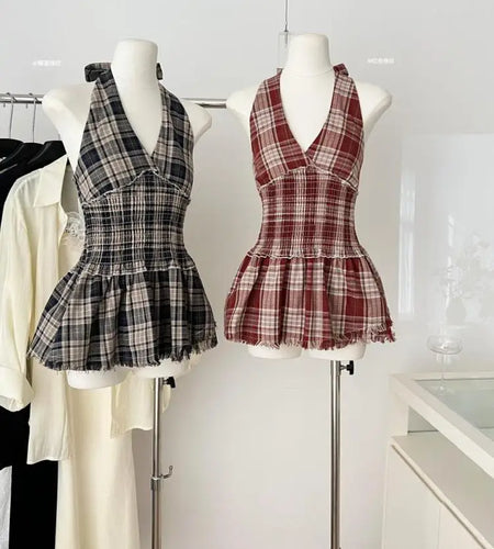 French Vintage Women's Blue Plaid Sleeveless Pleated Tank Top Summer Red High Waist Backless Sexy Halter Bow Bandage Vest Trendy