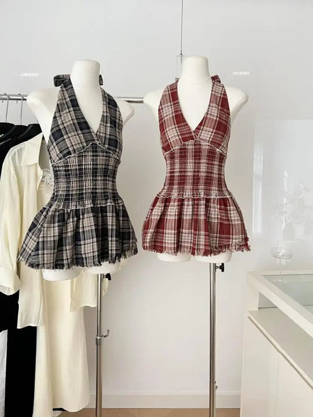 French Vintage Women's Blue Plaid Sleeveless Pleated Tank Top Summer Red High Waist Backless Sexy Halter Bow Bandage Vest Trendy