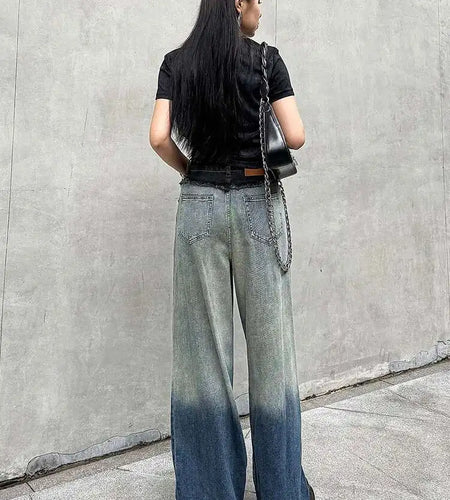 High Waist Blue Gradual Color Denim Burr Long Wide Leg Jeans New Women Trousers Fashion Tide Spring Autumn 2025 1DH5146