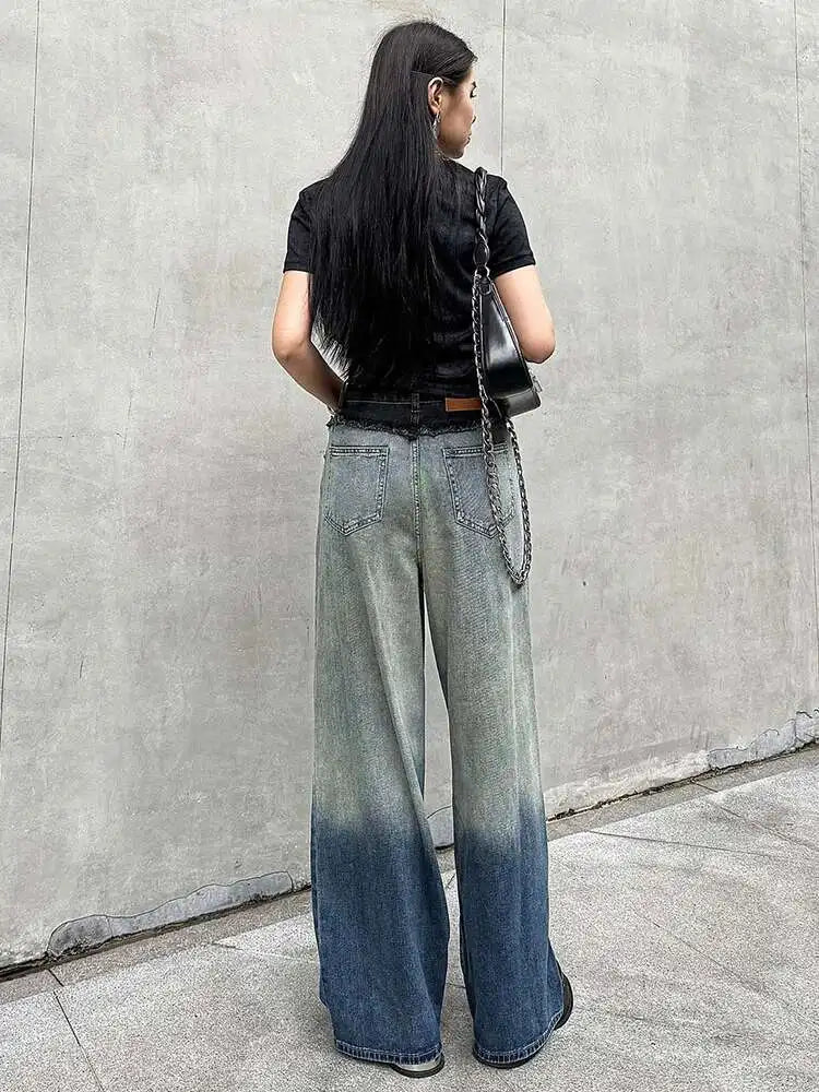High Waist Blue Gradual Color Denim Burr Long Wide Leg Jeans New Women Trousers Fashion Tide Spring Autumn 2025 1DH5146