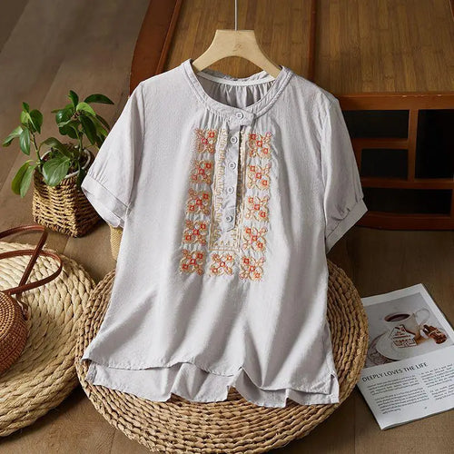 Load image into Gallery viewer, Vintage Women White Beige Embroidery Loose Single Breasted Short Sleeve Cotton Shirt Summer Round Neck Elegant Festival Tops New
