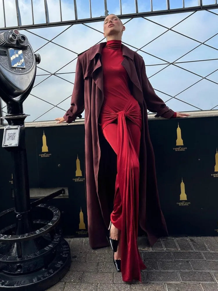 High Neck Long Sleeve Bodycon Dress For Women Tight Elastic Lace Up Maxi Long Dress Autumn 2023 New Party Club Vestidos