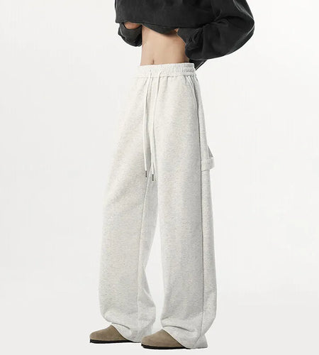 Korean Style Men's Sweatpants Elastic Waist Solid Color Straight Trousers Drawstring Wide Leg Male Bottom Spring New 9W1251