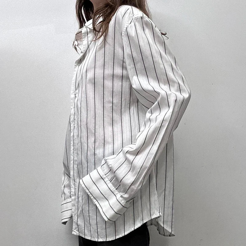 Fashion Chic Loose Stripe Women Blouse Tops Long Sleeve Spring Autumn Buttons-Up Streetwear Shirts Cardigan Clothing