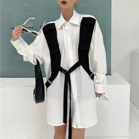 Colorblock Casual Loose Shirts For Women Lapel Long Sleeve Spliced Single Breasted Designer Blouses Female Fashion