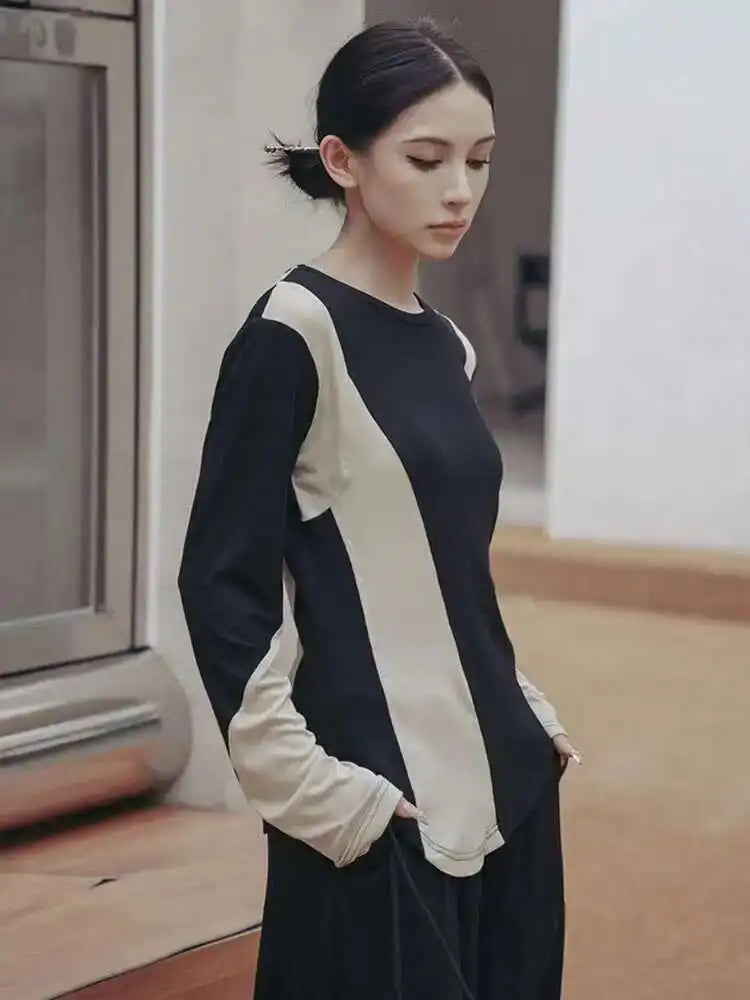 Women Black Apricot Color-block Big Size Casual T-shirt New Round Neck Long Sleeve Fashion Tide Spring Autumn 2025 1DF5723