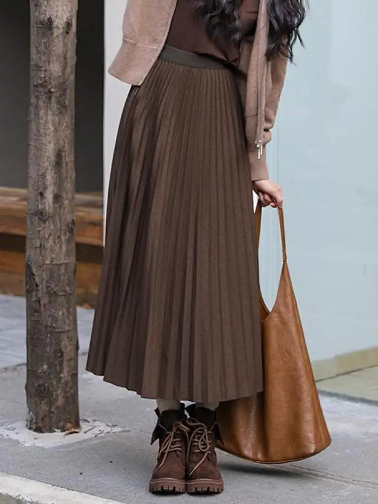 Autumn Winter French Vintage Solid Versatile A-line Long Skirts Women's 2024 Elegant High Waist Office Lady Pleated Skirt Simple