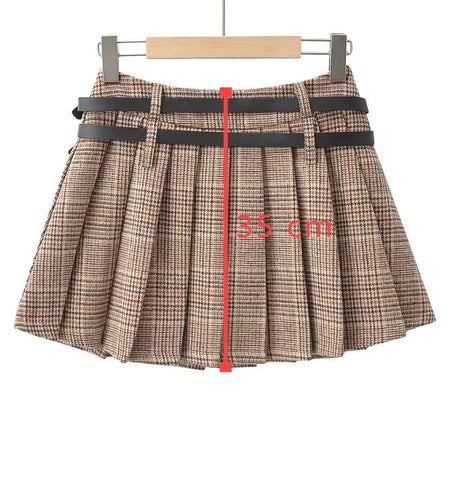 Women Sweet Pleated Plaid Skirt England Style Short High Waist Skirts Chic Sashes Side Zipper Skirts