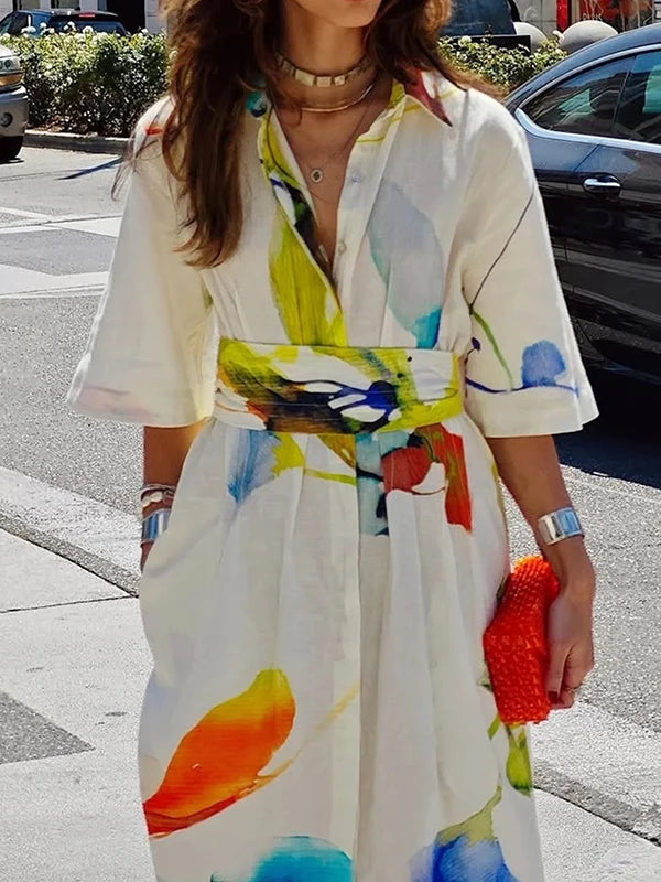 Women's Casual Elegant Dress Summer 2025 Spring  Half Sleeve Button Down Tie Waist Printed Maxi Shirt Dress Fit Daily
