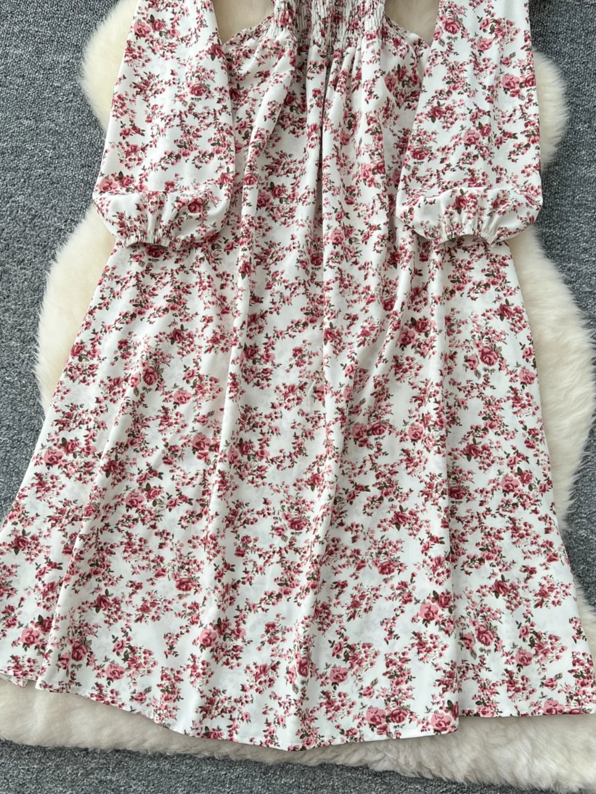 Vintage Women Elegant Pink Floral High Waist Birthday Party Dress French Long Sleeve Vacation Dress 2025 Spring Autumn Bohemian