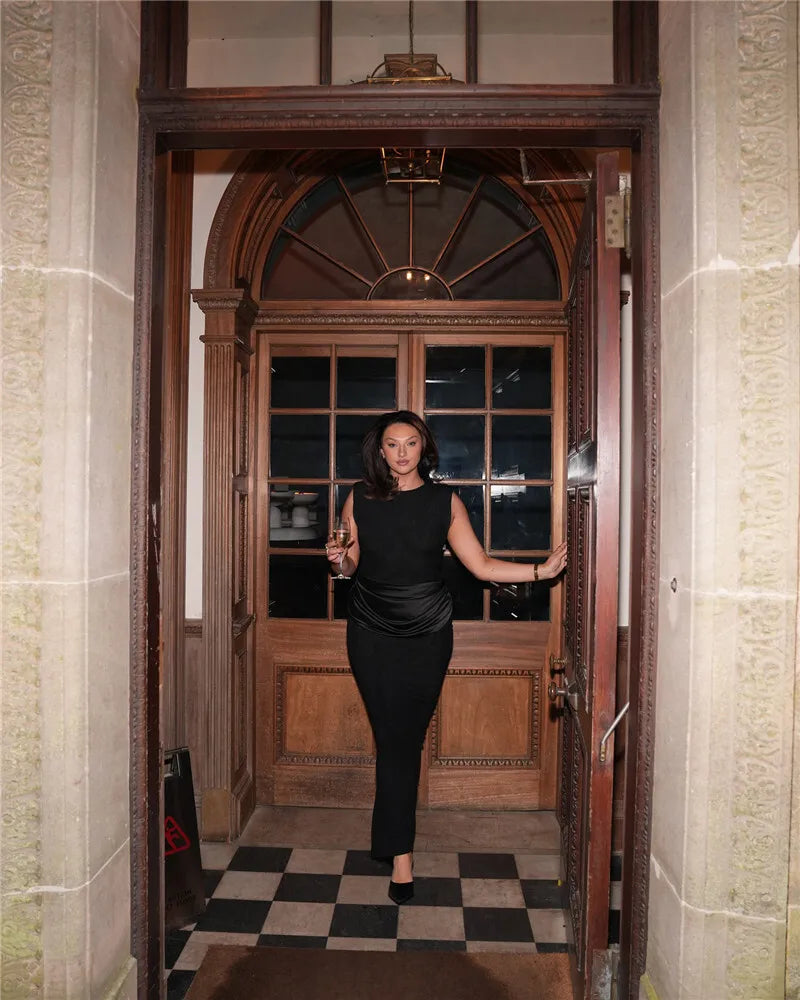 Sleeveless Ruched Sexy Maxi Dress For Women Gown Fashion Black O Neck High Waist Bodycon Club Party Long Dress Vestido