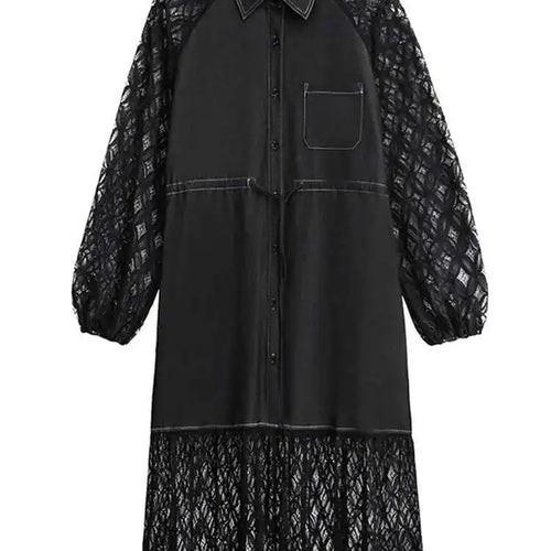 Load image into Gallery viewer, Women Black Denim Lace Perspective Big Size Shirt Dress New Lapel Long Sleeve Fashion Tide Spring Autumn 2025 1DH702001
