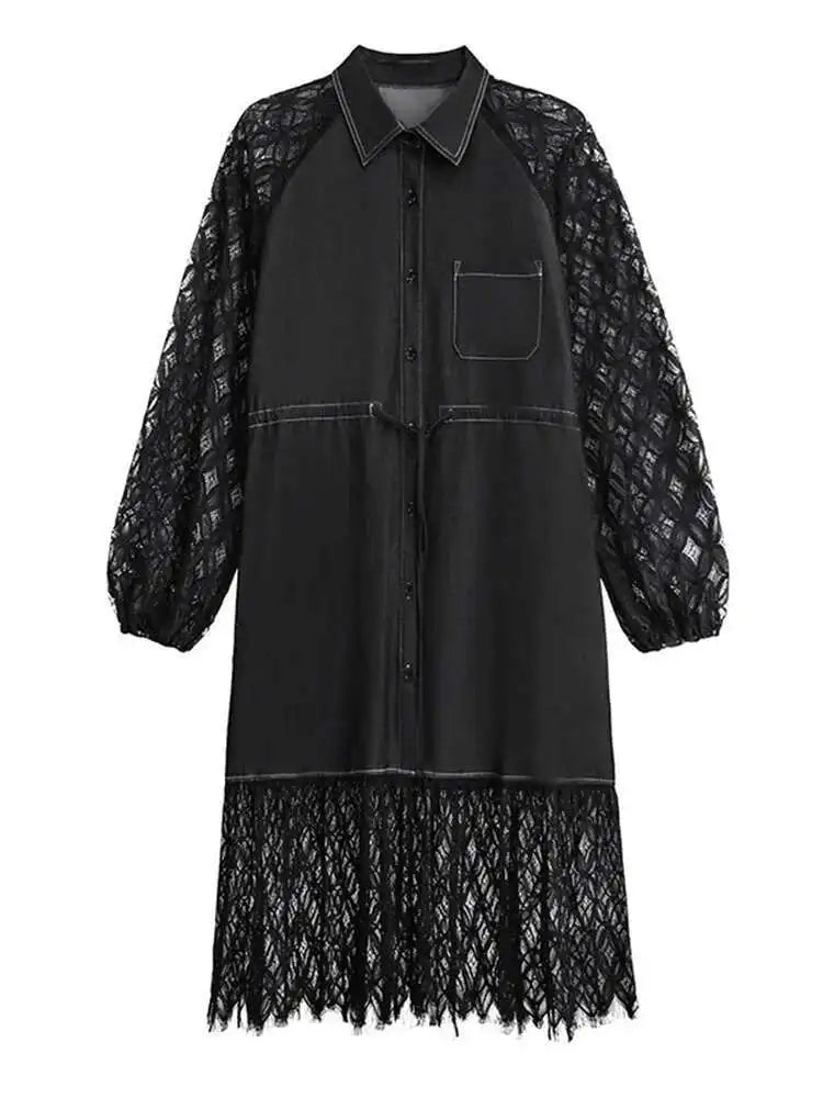 Women Black Denim Lace Perspective Big Size Shirt Dress New Lapel Long Sleeve Fashion Tide Spring Autumn 2025 1DH702001