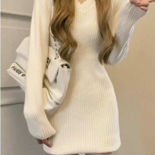 Load image into Gallery viewer, Autumn Winter Knitted Sweater Mini Dress Women Vintage Knit Warm Bodycon Wrap Short Dresses Design Long Sleeve

