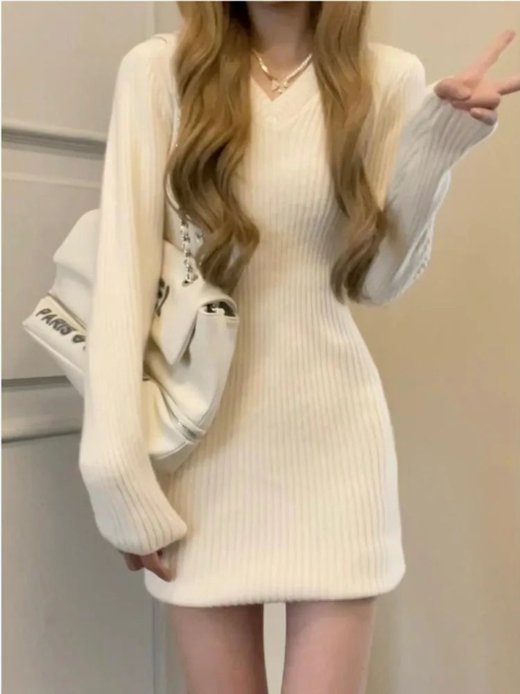 Autumn Winter Knitted Sweater Mini Dress Women Vintage Knit Warm Bodycon Wrap Short Dresses Design Long Sleeve