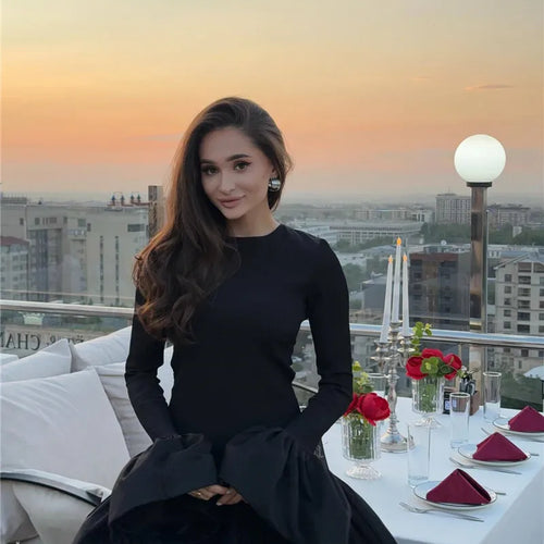 Load image into Gallery viewer, Long Flare Sleeve Knitted Sexy Mini Dress For Women Autumn Winter New Patchwork O Neck A-line Knit Puffy Dress Elegant
