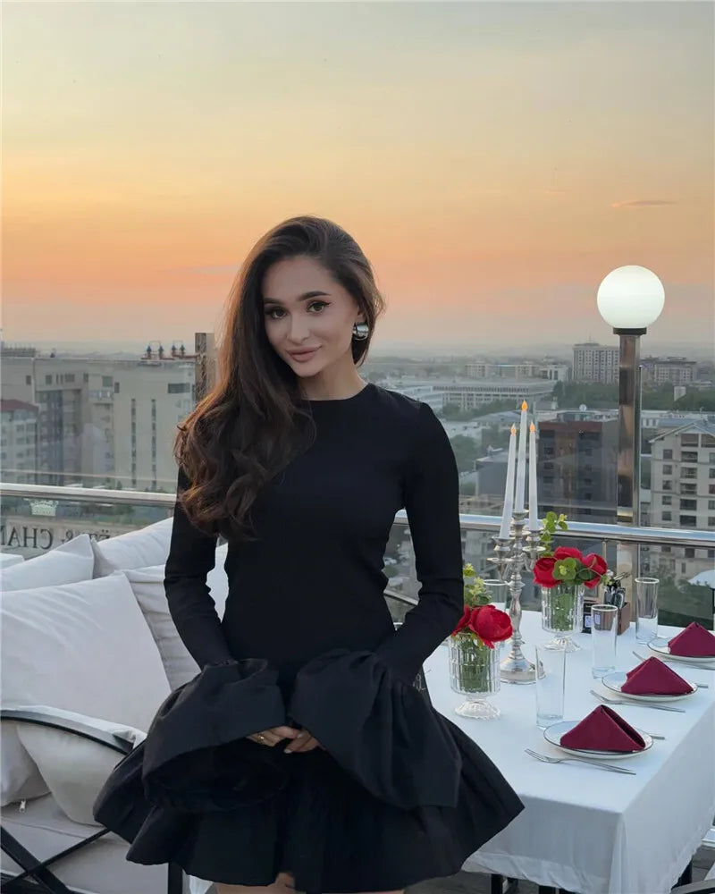 Long Flare Sleeve Knitted Sexy Mini Dress For Women Autumn Winter New Patchwork O Neck A-line Knit Puffy Dress Elegant