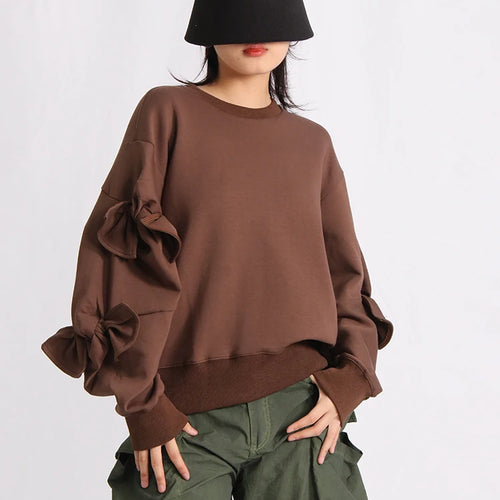 Load image into Gallery viewer, Solid Patchwork Bowknot Loose Sweatshirts For Women Round Neck Long Sleeve Casual Pullover Sweatshirt Female New
