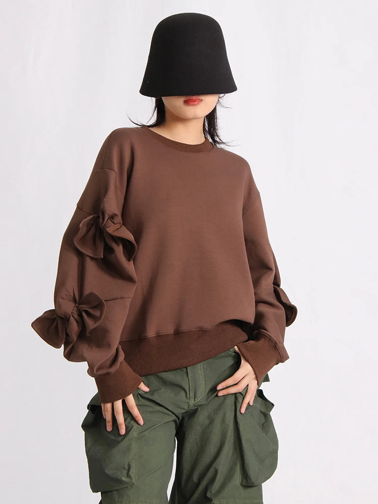 Solid Patchwork Bowknot Loose Sweatshirts For Women Round Neck Long Sleeve Casual Pullover Sweatshirt Female New