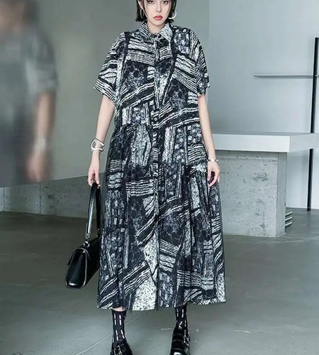 Women Black Pattern Printed Big Size Mesh Midi Shirt Dress New Lapel Short Sleeve Fashion Tide Spring Summer 2025 1DJ0636