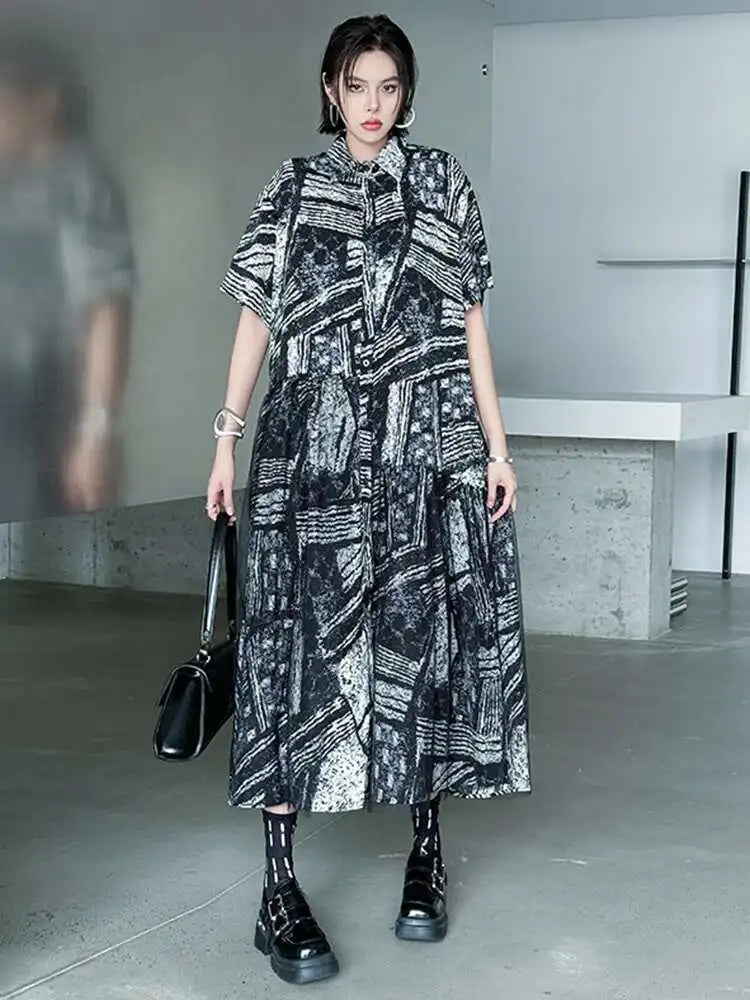 Women Black Pattern Printed Big Size Mesh Midi Shirt Dress New Lapel Short Sleeve Fashion Tide Spring Summer 2025 1DJ0636