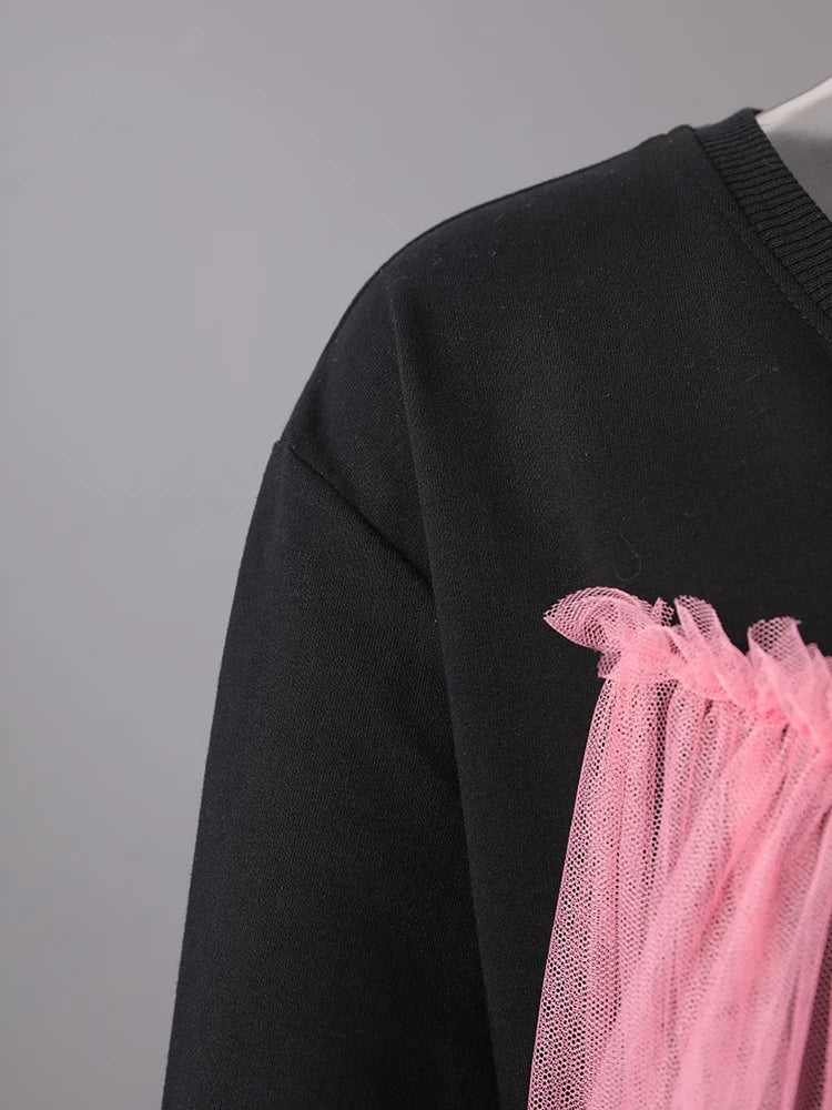 Women Balck Mesh Ruffles Irregular Big Size Mini Dress New Round Neck Long Sleeve Fashion Tide Spring Autumn 2025 CPG3045