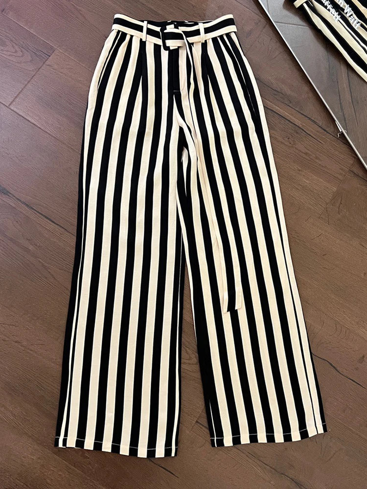 Hit Color Striped Pants For Womenhigh Waist Full Length Patchwork Belt Casual Wide Leg Pant Female Fashion Clothing