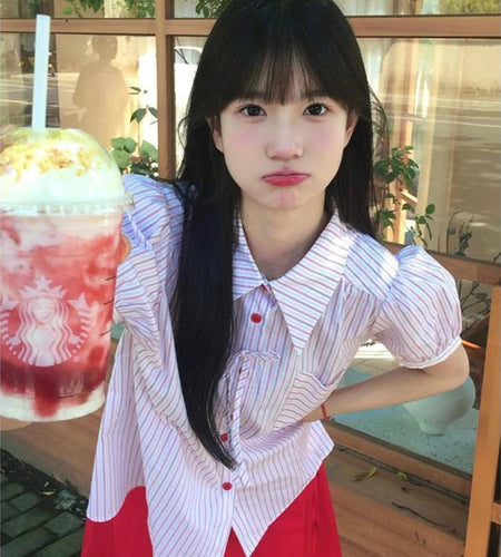 Y2k Aesthetic Red Stripe Casual Pocket Women Blouse Vintage Single Breasted Bow Blusas Preppy Style Turn Down Collar Grunge Tops