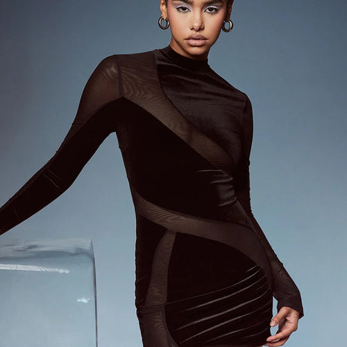 Load image into Gallery viewer, Temperament Mesh Patchwork Long Sleeved Dress Women's Elastic Tight And Elegant Dress Female Fashion Party Club Dress
