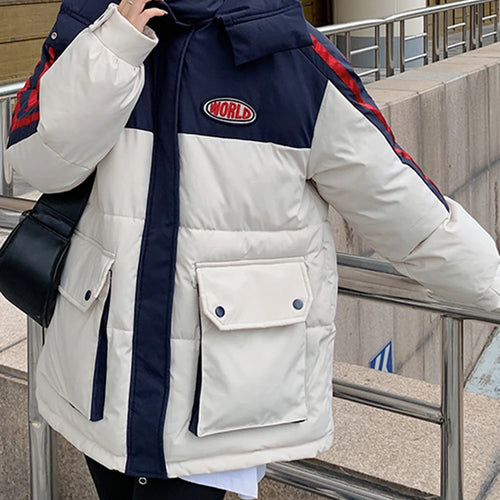 Load image into Gallery viewer, Winter Fashion Patchwork Hooded Parkas Female Casual Korean Zipper Cotton Down Jacket Women Pocket Blue Padded Parka Lady
