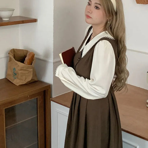 Load image into Gallery viewer, Preppy Style Vintage School Student Dress Women Retro Design Kawaii Brown Long Sleeve Midi Party Dresses Autumn
