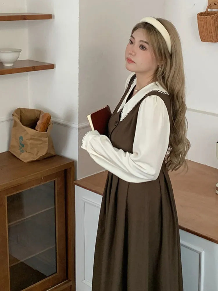 Preppy Style Vintage School Student Dress Women Retro Design Kawaii Brown Long Sleeve Midi Party Dresses Autumn