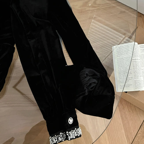 Load image into Gallery viewer, Retro Fashion Women Black Velvet Diamond Long Sleeved Bow Party Evening Short Dress Autumn Winter High Waist Pleated Mini Dress
